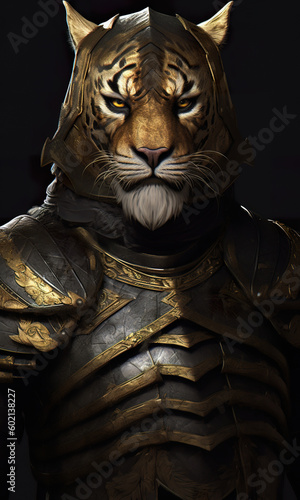 A close up of a tiger wearing armor. Generative AI.