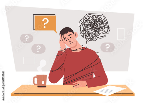 Man with fatigue. Young guy sits at table next to mug of hot drink. Thoughtful character trying to solve problem and find decision. Emotional burnout at work. Cartoon flat vector illustration