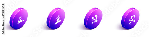Set Isometric Mountains with flag on top, Concussion, headache, Medicine pill or tablet and icon. Vector
