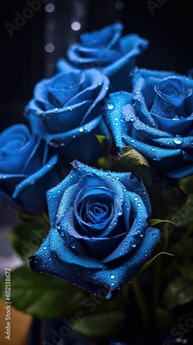 Delicate bouquet of blue roses with dew drops. Dreamy flower with raindrops close-up. Generative AI.