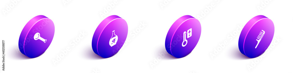 Set Isometric Sauna ladle, Essential oil bottle, thermometer and Hairbrush icon. Vector Set Isometric Sauna ladle, Essential oil bottle, thermometer and Hairbrush icon. Vector