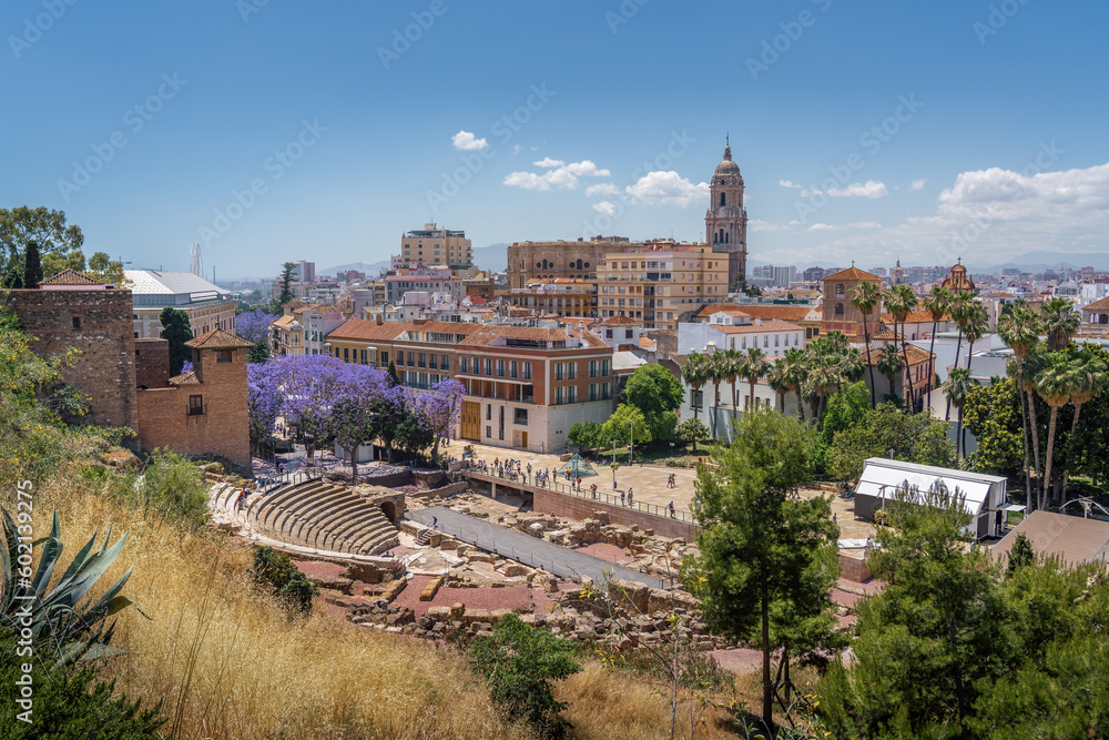 Aerial view of Malaga with Roman Theatre Ruins and Malaga Cathedral - Malaga, Andalusia, Spain