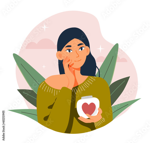 Self love concept. Woman stands with heart in her hands. Positive psychology and optimism, mental health. Confidence and selfacceptance. Inner harmony and balance. Cartoon flat vector illustration