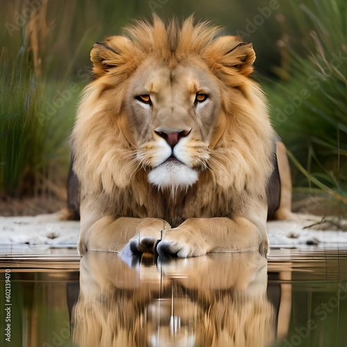 A Lion Sitting by the Water  Generative AI 