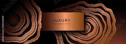 Luxury golden background with wood annual rings texture. Banner with shiny tree ring pattern. Stamp of tree trunk in section. Natural wooden concentric circles. Black and bronze gold background