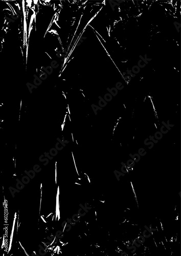Polyethylene texture. Grunge effect. Transparent stretched cling film. Overlay shabby texture. Black and white vector background. Crumpled warp plastic. Defect, scuff frame template