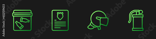 Set line Police helmet, Evidence bag with bullet, The arrest warrant and Hand smoke grenade. Gradient color icons. Vector