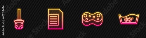 Set line Sponge, Toilet brush, Laundry detergent and Temperature wash. Glowing neon icon. Vector
