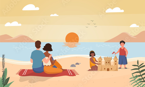 Family at summer beach. Man and woman sitting on blanket near sea and watching sunset, children building sand castle. Holidays and recreation in exotic countries. Cartoon flat vector illustration