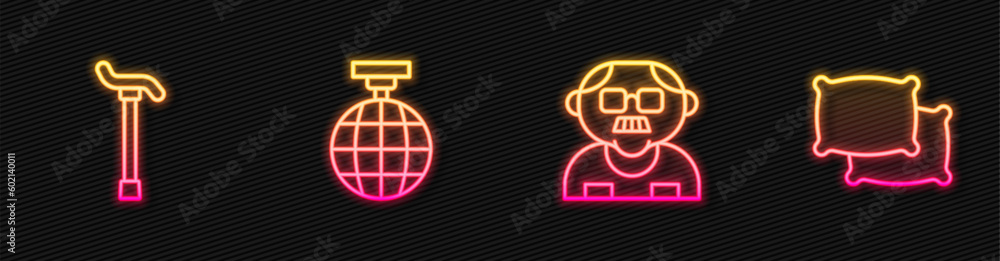 Set line Grandfather, Walking stick cane, Disco ball and Pillow. Glowing neon icon. Vector Set line Grandfather, Walking stick cane, Disco ball and Pillow. Glowing neon icon. Vector