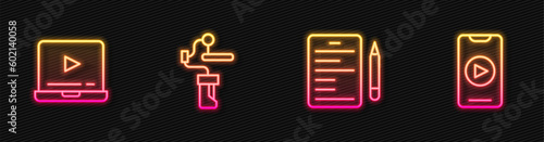 Set line Scenario, Online play video, Gimbal stabilizer for camera and . Glowing neon icon. Vector