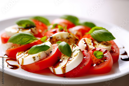 Caprese salad - tomato and mozzarella salad with basil and olive oil. Generative AI.