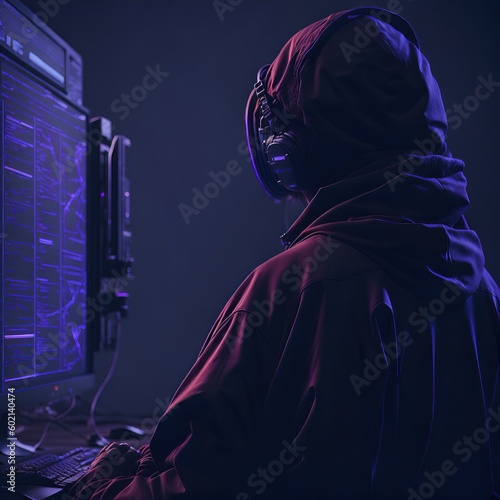 Portrait of a man from behind working on a hi-tech computer wearing red hoodie and headset, coding, hacking, generative ai photo