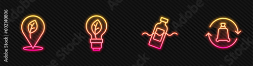 Set line The problem of pollution, Location with leaf, Light bulb and Garbage bag recycle. Glowing neon icon. Vector