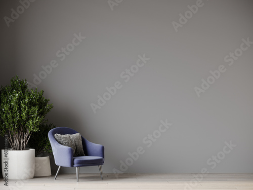 Fototapeta Naklejka Na Ścianę i Meble -  Mockup of a living room home or salon lounge office with painted empty gray walls. Accent chair in blue navy or  peri lavender trend. Luxury interior design for art. 3d rendering