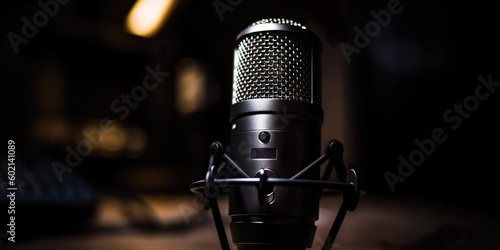 Black microphone with out-of-focus background, podcast, IA generativa