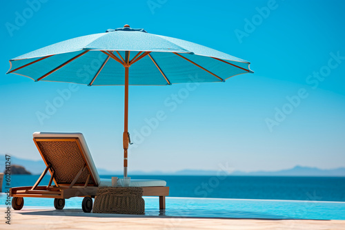 A relaxing and summery photo of a sunbed and umbrella by the pool, showing a blue water and a clear sky. Generative AI.