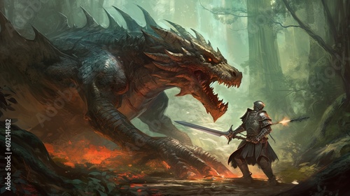 Knight fighting a dragon. Fantasy concept   Illustration painting. Generative AI