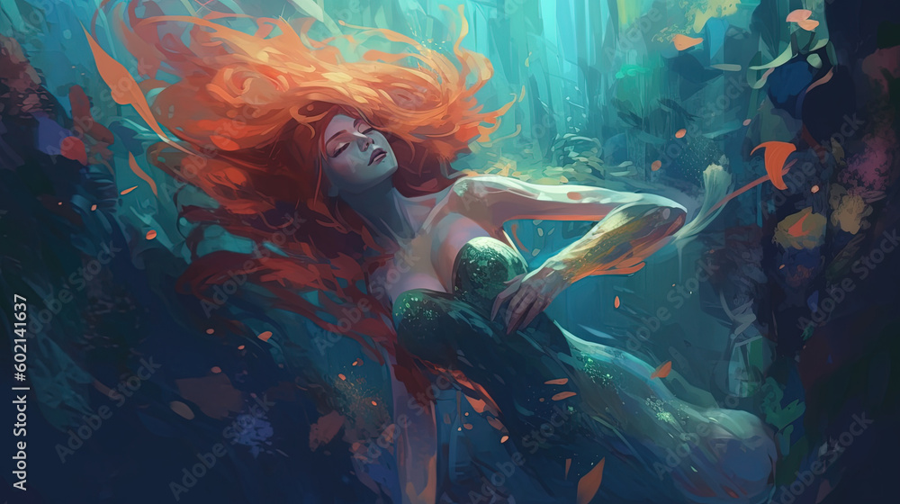 Mermaid swimming underwater. Fantasy concept , Illustration painting. Generative AI