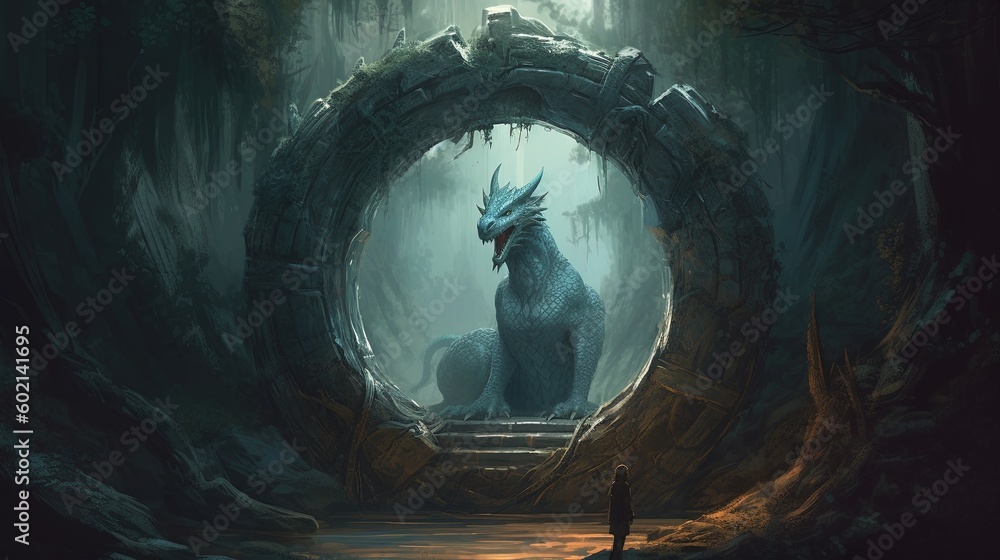 Mythical creature emerging from a portal. Fantasy concept , Illustration painting. Generative AI Mythical creature emerging from a portal. Fantasy concept , Illustration painting. Generative AI