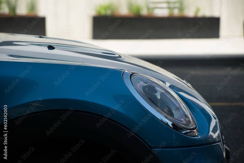 Fototapeta premium Exterior details of small blue sport car in Redmond Town Center