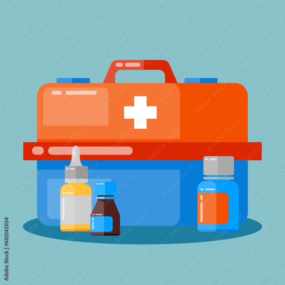 Flat design of a first aid kit for medicine and healthcare. Illustration for websites, landing pages, mobile applications, posters and banners. Trendy flat vector illustration Flat design of a first aid kit for medicine and healthcare. Illustration for websites, landing pages, mobile applications, posters and banners. Trendy flat vector illustration
