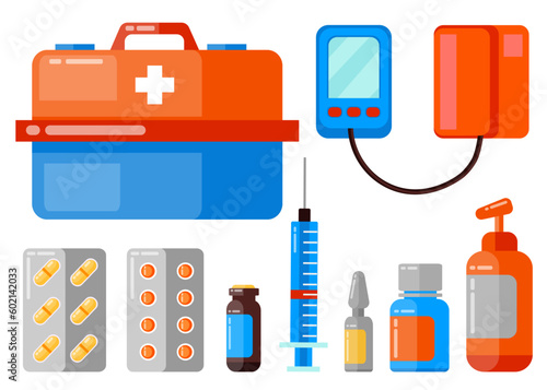 Big set of first aid kit with nasal drops, bottles with pills, sprey for throat, ampules and other medicine for healthcare. Illustration for websites, mobile applications and banners. Medical concept