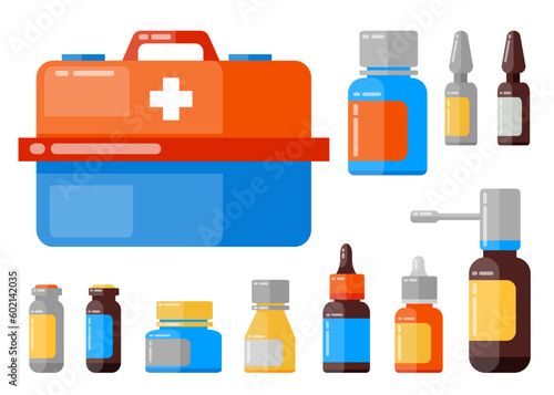 Big set of first aid kit with nasal drops, bottles with pills, sprey for throat, ampules and other medicine for healthcare. Illustration for websites, mobile applications and banners. Medical concept