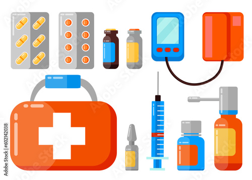 Big set of first aid kit with nasal drops, bottles with pills, sprey for throat, ampules and other medicine for healthcare. Illustration for websites, mobile applications and banners. Medical concept