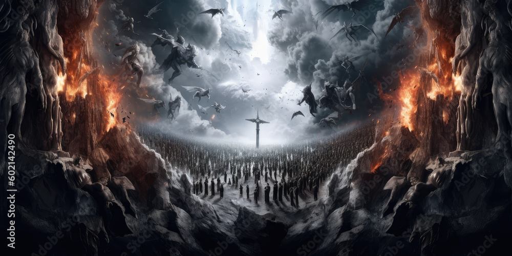 heaven and hell with many lost souls, angels fight, background image - obrazy, fototapety, plakaty 