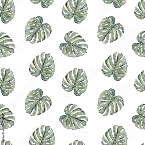 Tropical leaves seamless pattern. Monstera leaves seamless pattern. Monstera leaves on isolated background, watercolor hand painted floral illustration , seamless pattern, jungle design © Ekatmart