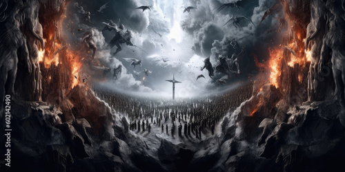Fotobehang heaven and hell with many lost souls, angels fight, background image