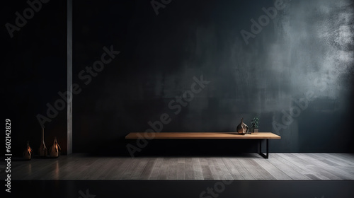 Dark modern studio room for a photo shoot product or service advertising. Empty light dark wall with beautiful chiaroscuro with plant pots. 3D realistic illustration. Generative AI
