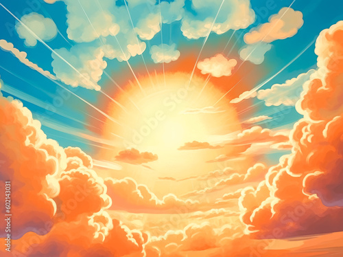 Sunshine in the background of the sky, in the style of pastiche, golden hues. Generative Ai.