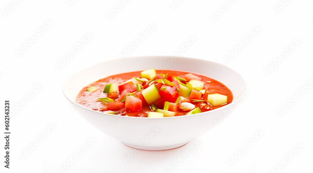 Gazpacho, traditional dish and symbol of Andalusian cuisine on a white isolated background. Light cold soup made from tomatoes, peppers and cucumbers, ground in mashed potatoes. Generative Ai content