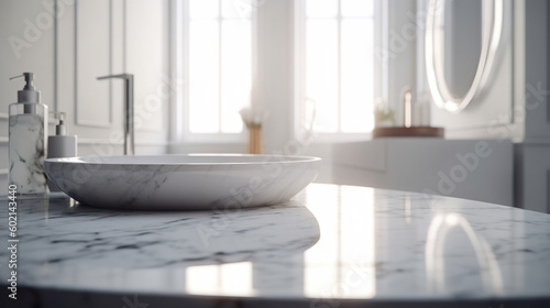 Elegance white marble bathroom countertop. Empty marble top table in bathroom interior. For product display. 3D realistic illustration. Generative AI