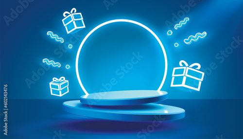 Gift scene mega sale, shopping podium banner, neon night pedestal. Vector