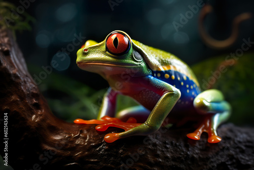 Beautiful rainbow colored crystal tree frog, small multicolor decorative figurine, AI generative illustration © Friedbert