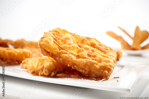 A close up of a Torta Frita, fried bread on a white paper plate. Generative AI. photo