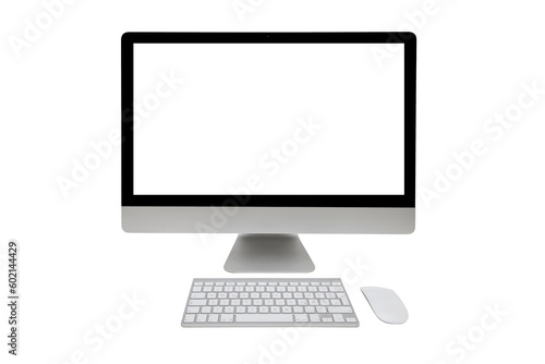 Desktop computer with wireless keyboard and mouse on transparent background