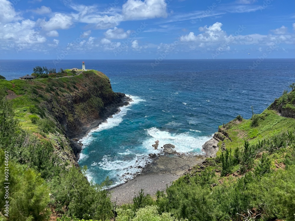 Rocky shore with Kilauea lighthouse on the island of Kauai