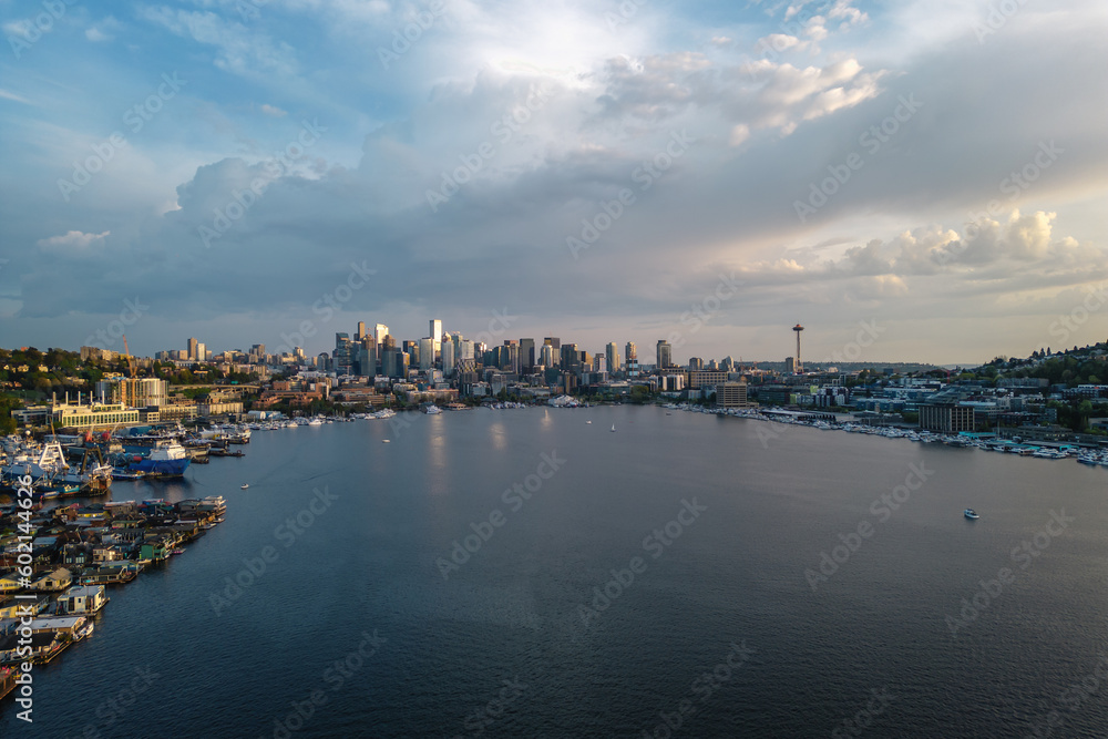 Seattle skyline at sunset from lake union