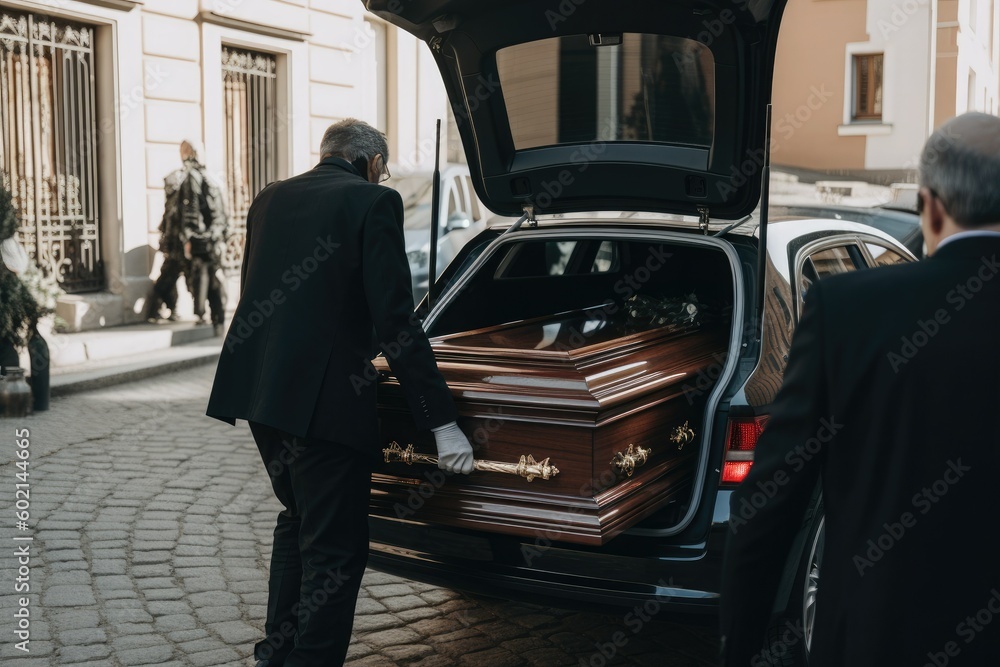 A man in a black suit and white gloves loads a coffin into a funeral car. Generative AI - obrazy, fototapety, plakaty 