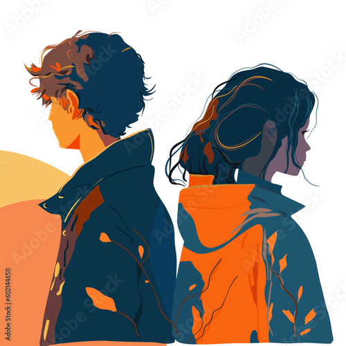 Young man and woman stand with their backs to each other vector illustration 