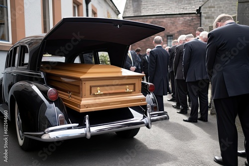 Old classic funeral car with a coffin. Mourners in black suits in the background. Generative AI photo