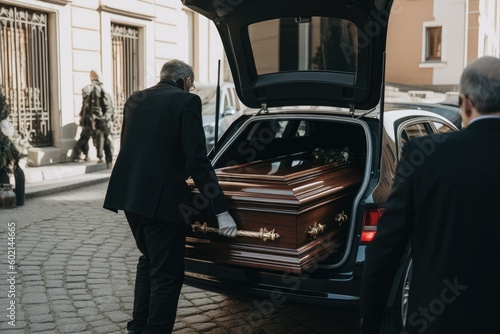 Fotografia A man in a black suit and white gloves loads a coffin into a funeral car