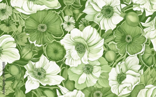 Seamless pattern with green flowers. Created with Generative AI tools