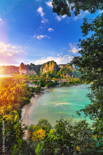 Sunset in Railay viewpoint. Paradise landscape in Thailand.