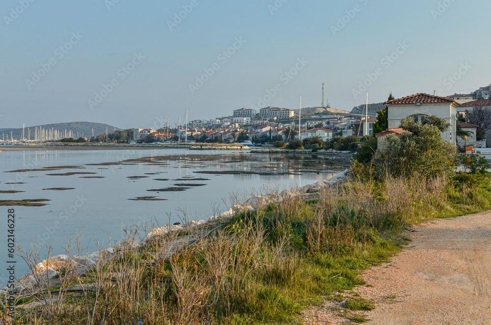 Azmagi river and Alacati marina scenic view (Cesme, Izmir province, Turkiye)