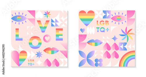 Pride month pattern templates.LGBTQ+ community vector illustrations in bauhaus style with geometric elements and rainbow lgbt symbols.Human rights movement concept.Gay parade.Colorful cover designs.